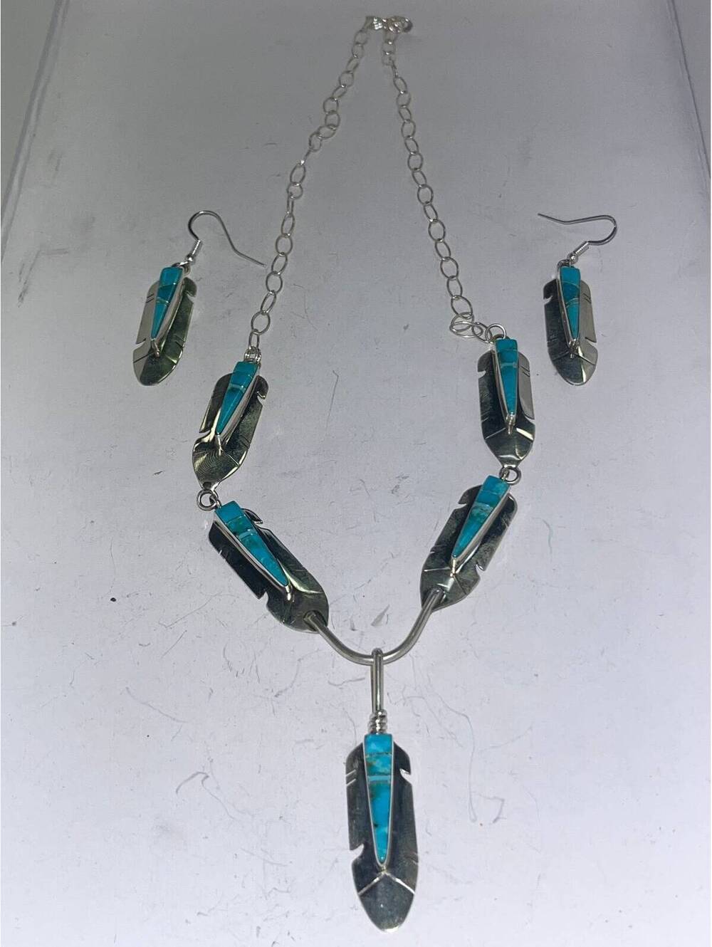 Navajo handmade sterling silver feather inlay necklace with earrings turquoise